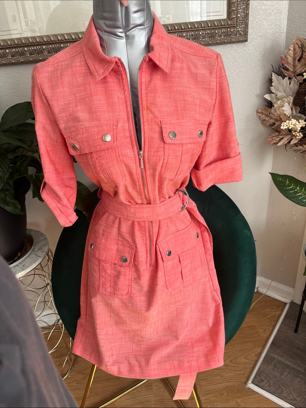 Sharagano Coral Pink Utility Shirt Dress with Belt